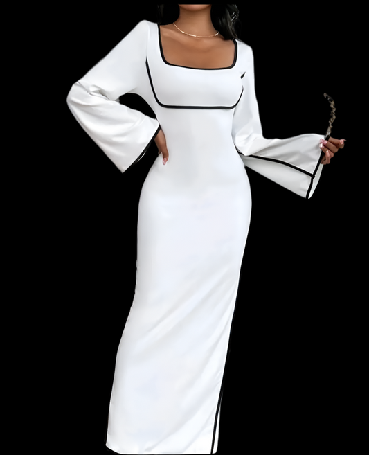 Elegance: Chic Square Neck Long Sleeve Dress with Split Hem, Mid-Elasticity Knit, Color Block Style