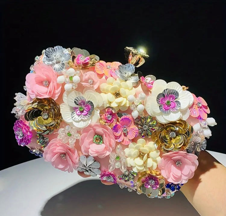 Elegant 3D Floral Beaded Evening Clutch with Removable Strap & Secure Closure - Perfect for Weddings, Parties, Prom, Dinner, Cruise