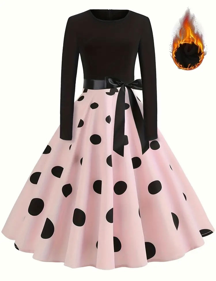 Elegant Warm Vintage Long-Sleeve Midi Polka Dot Dress with Flared Hem & Belt - Ideal Fall/Winter Wardrobe Addition for a Timeless Look