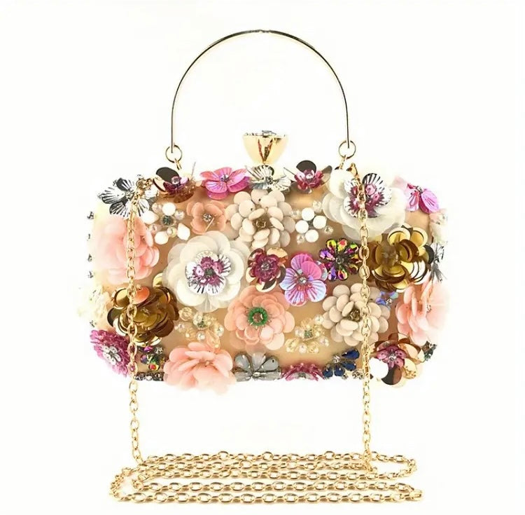 Elegant 3D Floral Beaded Evening Clutch with Removable Strap & Secure Closure - Perfect for Weddings, Parties, Prom, Dinner, Cruise