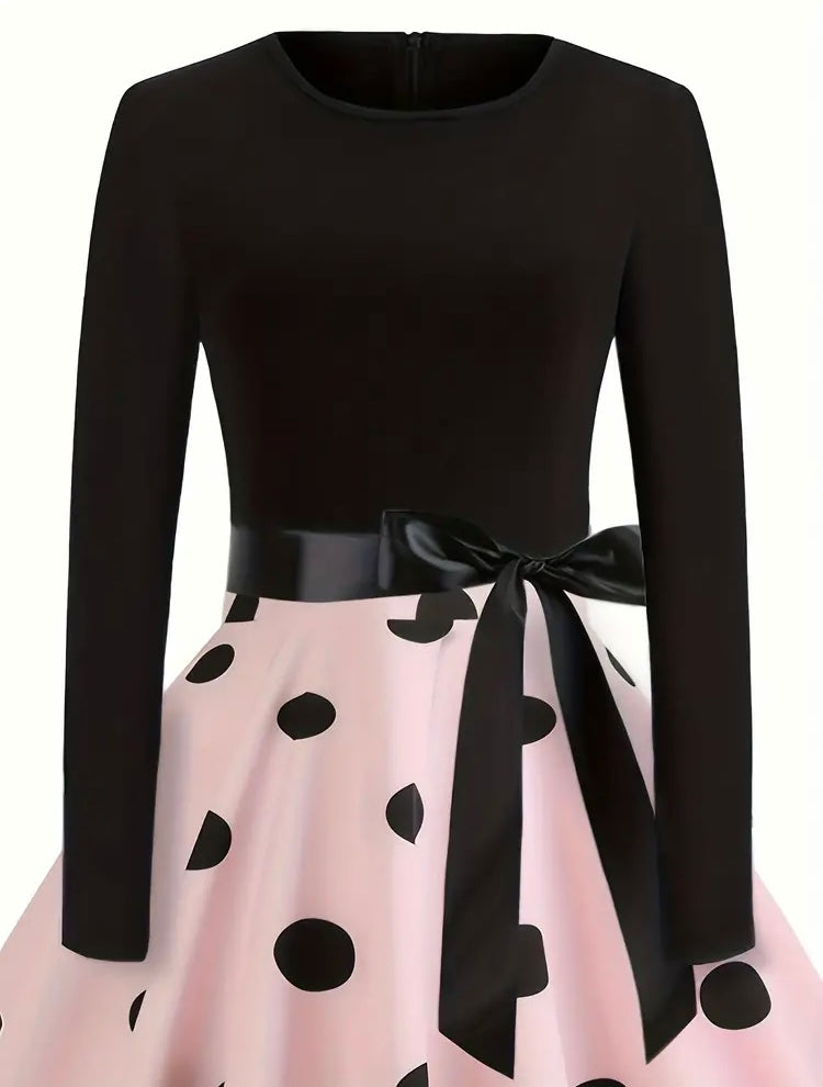 Elegant Warm Vintage Long-Sleeve Midi Polka Dot Dress with Flared Hem & Belt - Ideal Fall/Winter Wardrobe Addition for a Timeless Look