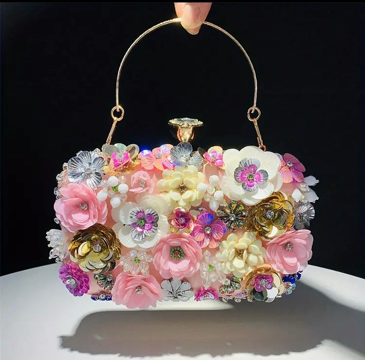 Elegant 3D Floral Beaded Evening Clutch with Removable Strap & Secure Closure - Perfect for Weddings, Parties, Prom, Dinner, Cruise