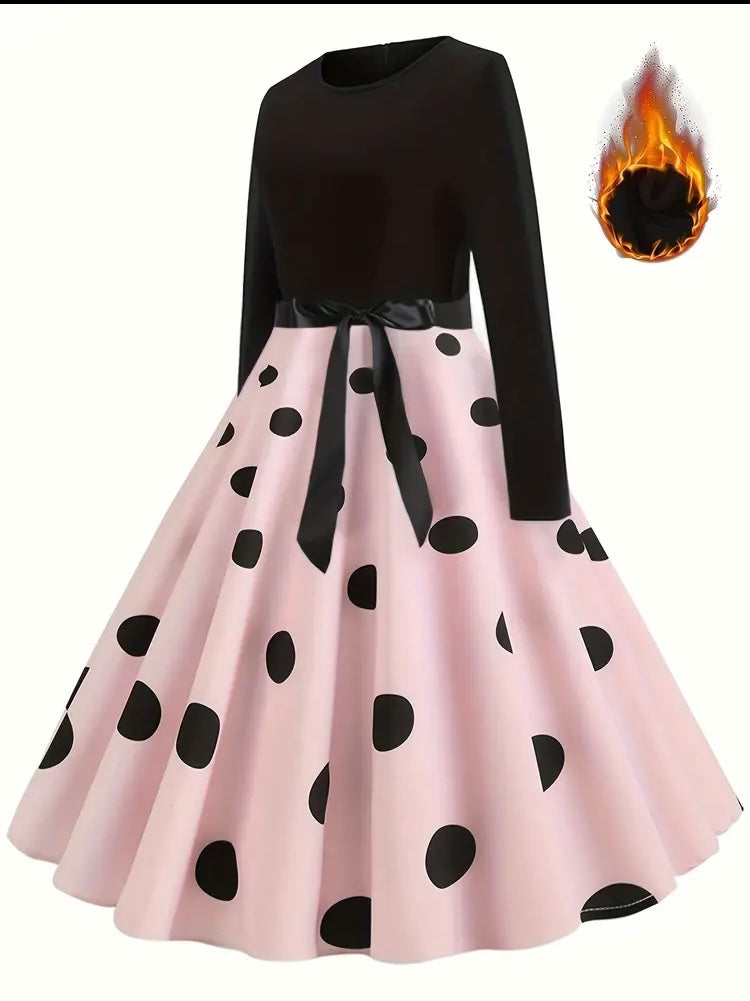 Elegant Warm Vintage Long-Sleeve Midi Polka Dot Dress with Flared Hem & Belt - Ideal Fall/Winter Wardrobe Addition for a Timeless Look