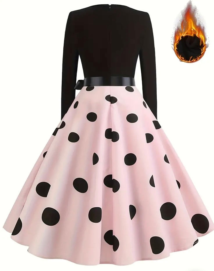 Elegant Warm Vintage Long-Sleeve Midi Polka Dot Dress with Flared Hem & Belt - Ideal Fall/Winter Wardrobe Addition for a Timeless Look