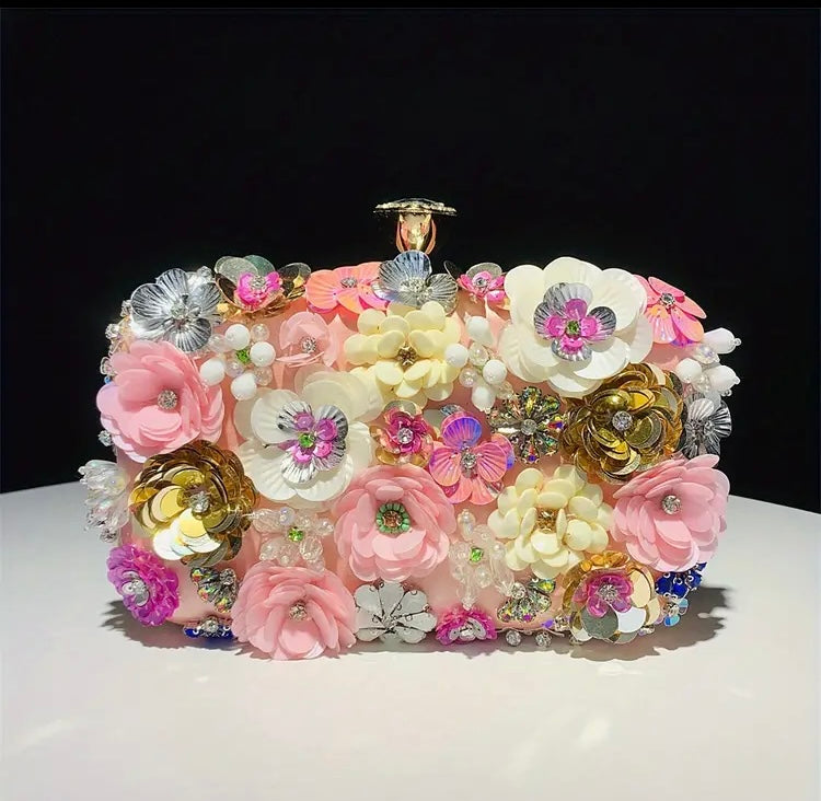 Elegant 3D Floral Beaded Evening Clutch with Removable Strap & Secure Closure - Perfect for Weddings, Parties, Prom, Dinner, Cruise